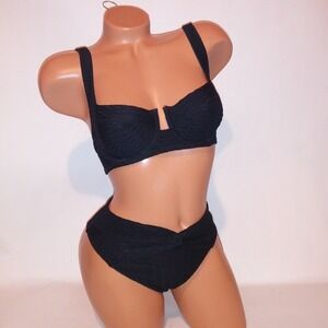 Victoria Secret Swim Bikini 32B Top XS Bottom Black Solid Textured High Waist